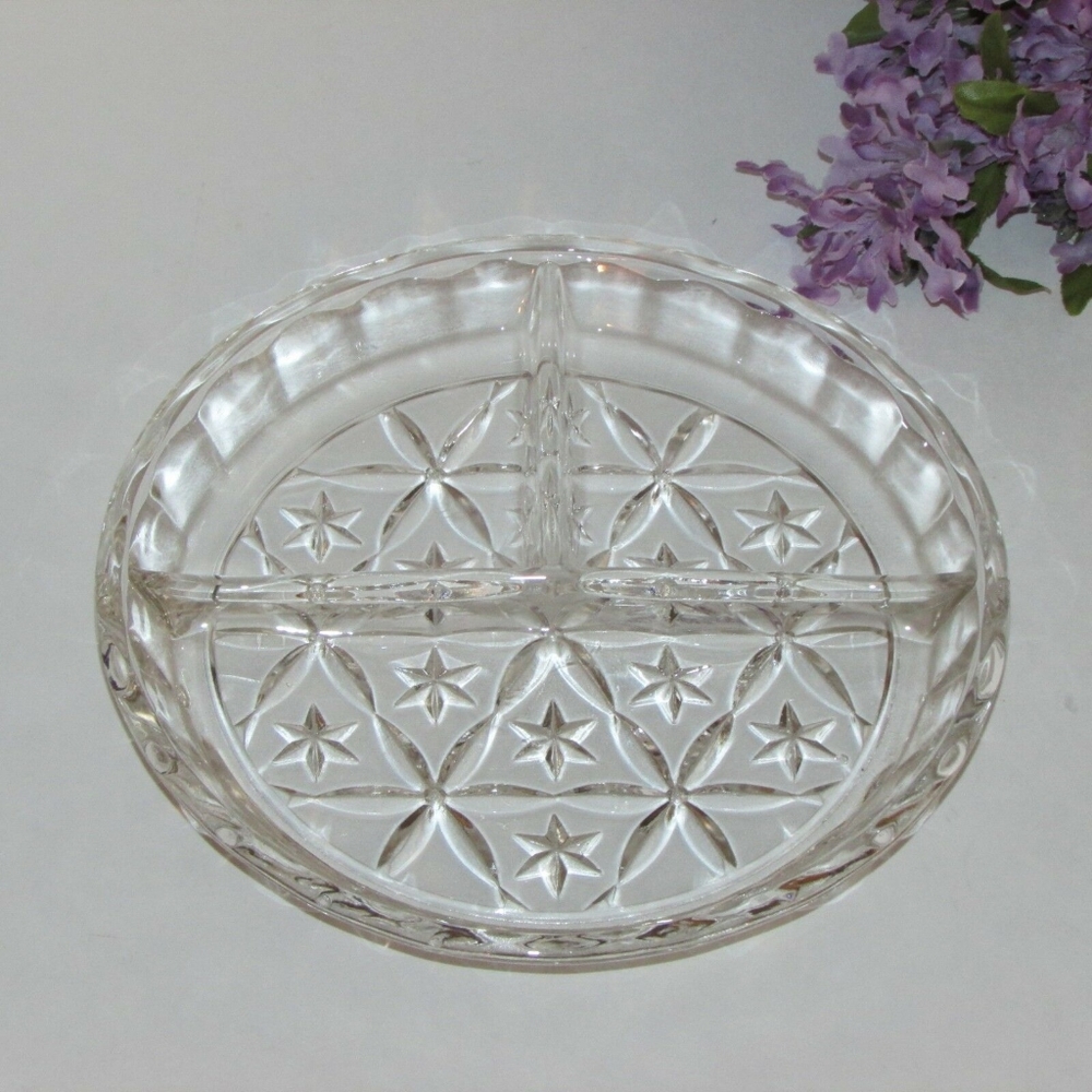 Vintage 3 part Pressed Glass Relish Dish Divided Round Serving Plate Platter